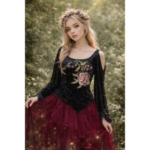 Vintage Y2K Black M Floral Crushed Velvet Scoop Neck Long Sleeve Top Open Sleeve